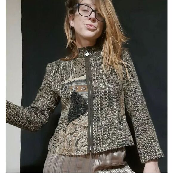 Canvasbacks Vintage 1990's Tapestry Bomber Jacket Asymmetrical Patchwork size 16 - Picture 1 of 16